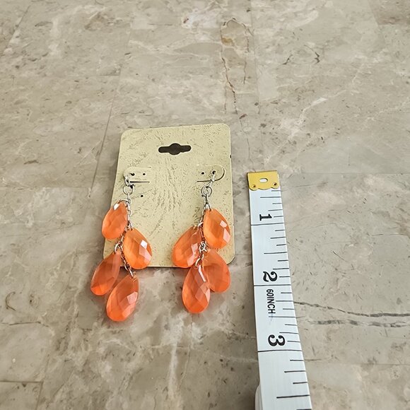 Orange Faceted Beads on Silver Chain Dangle Earrings - Picture 2 of 5